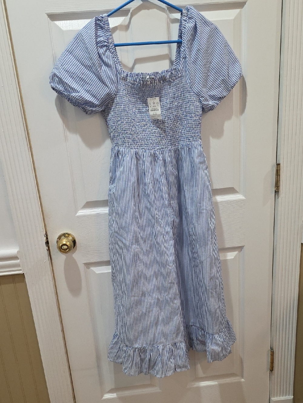 J. Crew Blue and White Striped Puff Sleeve Midi Dress